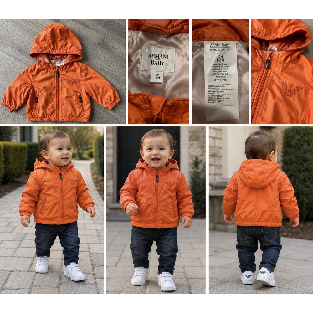 Armani Baby Kids 12M Orange Embossed Logo Hooded Windbreaker Jacket Designer